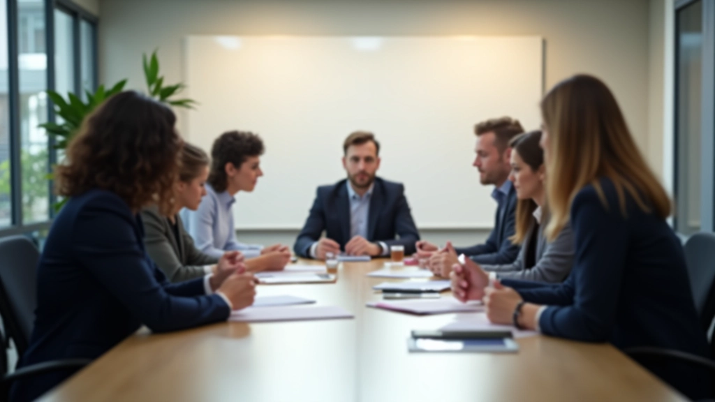 Équipe de professionnels en réunion de coordination autour d'une table de conférence moderne dans un bureau belge